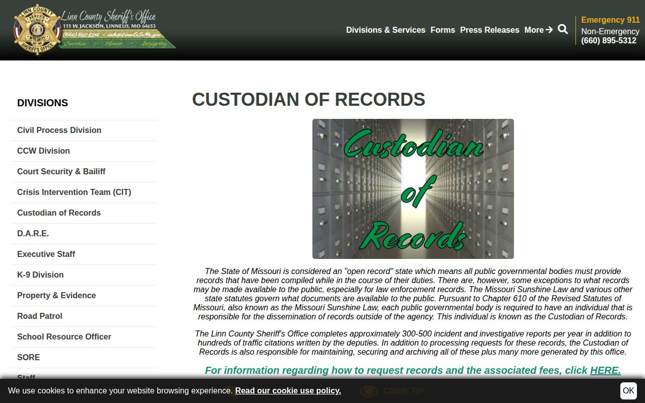 Linn County 24-hour release records custodian request route