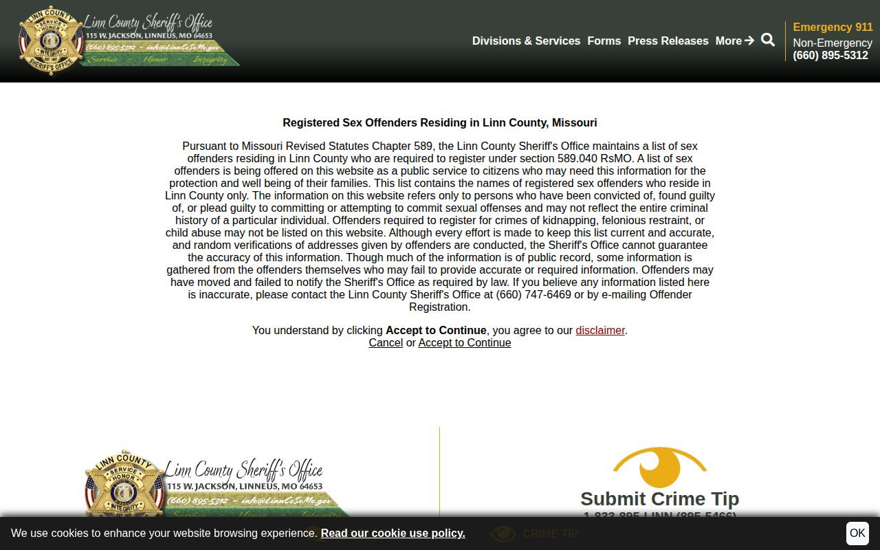 Linn County 72-hour release local official disclaimer and referral