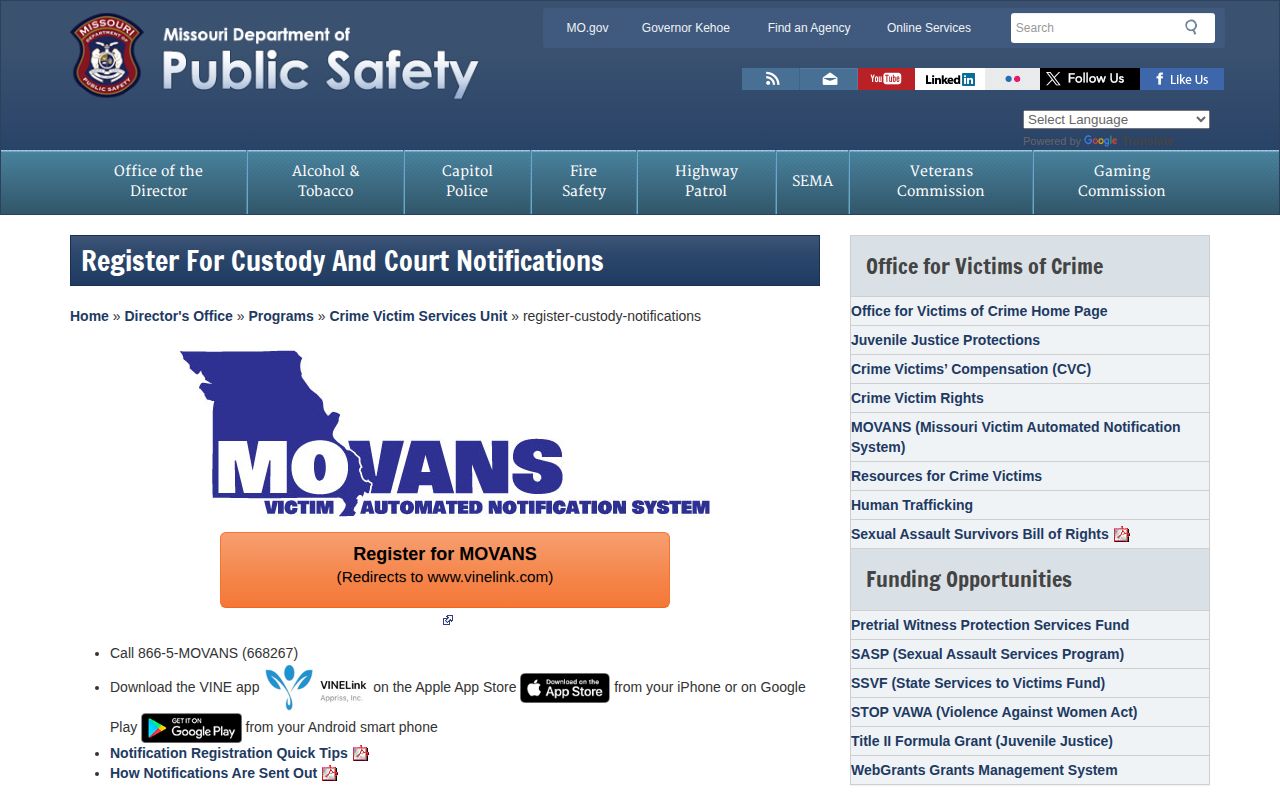 Missouri DPS MOVANS custody notification registration page
